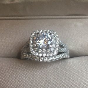 💕2pcs 925 Silver Engagement Ring Wedding Band Set